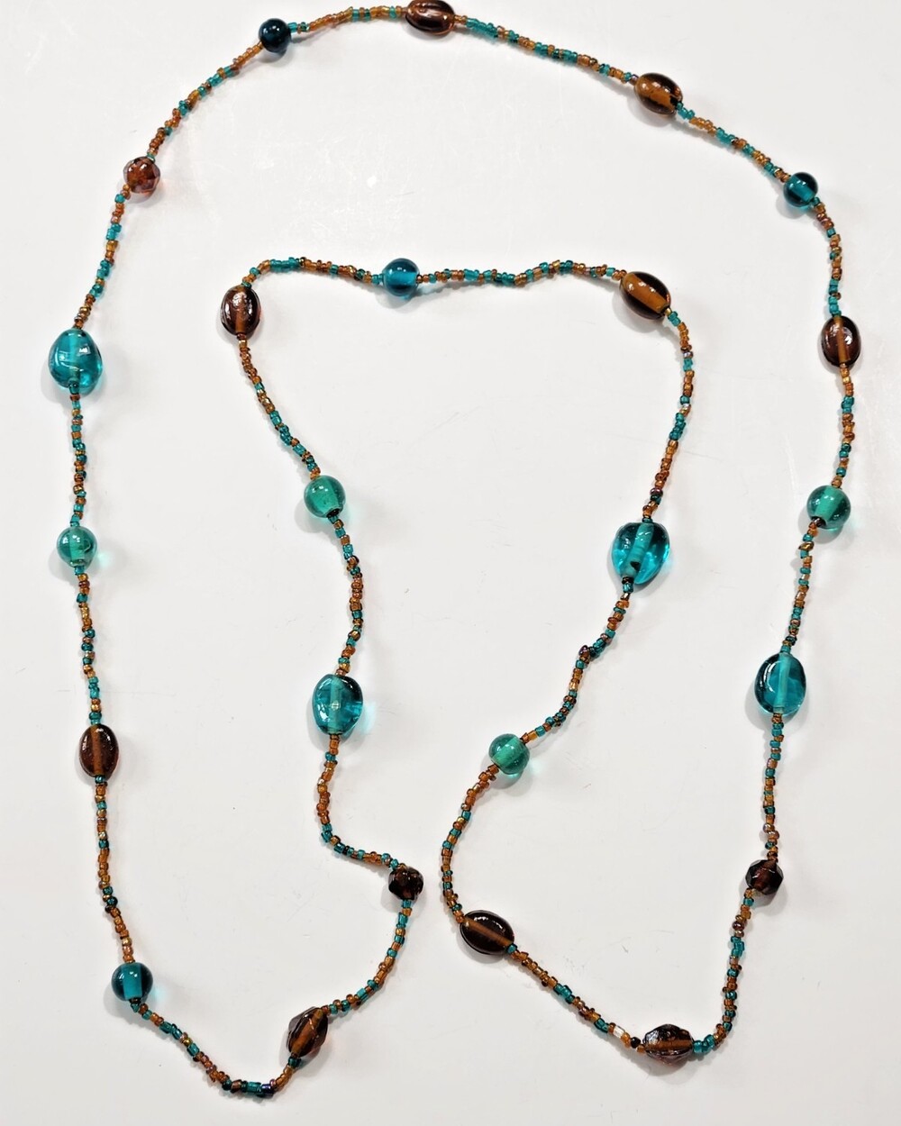 48" Long Bohemian Czech Glass Bead Necklace No Clasp Endless Peacock Teal Amber